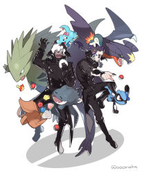 Rule 34 | 2boys, arm up, artist name, au ra, berry (pokemon), biting, black coat, black footwear, black hair, black horns, black nails, black pants, blue eyes, boots, coat, collared coat, colored tips, creatures (company), cyndaquil, fangs, final fantasy, final fantasy xiv, fingernails, food, full body, game freak, garchomp, gen 2 pokemon, gen 4 pokemon, grin, hand up, hashtag-only commentary, high collar, highres, holding, holding food, horns, karuo (oooruka cr), long hair, long sleeves, looking at viewer, low horns, male focus, multicolored hair, multiple boys, munchlax, nintendo, onigiri, open mouth, pants, pointing, poke ball, pokemon, pokemon (creature), ponytail, purple hair, riolu, sharp fingernails, short hair, simple background, smile, standing, standing on one leg, totodile, twitter username, tyranitar, warrior of light (ff14), white background, white hair