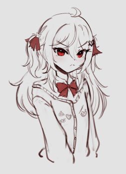 1girl absurdres ahoge annoyed badge blush bow bowtie broken_heart broken_heart_hair_ornament button_badge cardigan commentary evil_neuro-sama frown hair_between_eyes hair_ornament hair_ribbon hairclip heart highres long_hair long_sleeves looking_at_viewer monochrome neuro-sama pout red_bow red_bowtie red_eyes red_ribbon ribbon school_uniform simple_background sketch skull_hair_ornament solo symbol-only_commentary tsundere two_side_up upper_body v-neck vedal_ai virtual_youtuber white_background zookacchi