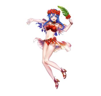 1girl bare_arms bikini blue_eyes blue_hair bracelet breasts bunbun capelet fire_emblem fire_emblem:_the_binding_blade fire_emblem_heroes flower full_body hair_ornament head_wreath hibiscus high_heel_sandals high_heels highres holding jewelry legs lilina_(fire_emblem) lilina_(summer)_(fire_emblem) long_hair looking_at_viewer medium_breasts navel nintendo official_art open_mouth red_bikini sandals second-party_source simple_background smile solo stomach swimsuit toes transparent_background white_background