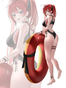 1girl absurdres ahoge akane_lize ass barefoot black_one-piece_swimsuit black_ribbon breasts from_side hair_ribbon hashtag-only_commentary highres innertube large_breasts long_hair looking_at_viewer looking_to_the_side multicolored_hair one-piece_swimsuit open_mouth pienna_(akane_lize) pure_(berrypure) red_hair ribbon skindentation smile solo standing stellive streaked_hair swim_ring swimsuit thigh_strap twintails very_long_hair virtual_youtuber white_background zoom_layer