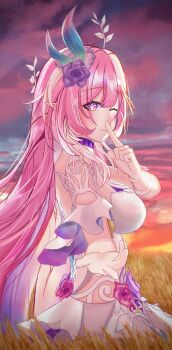 1girl absurdres bare_shoulders breasts commentary_request cyrene_(honkai:_star_rail) cyrene_(ripples_of_past_reverie)_(honkai:_star_rail) dress flower from_side hair_flower hair_ornament highres honkai:_star_rail honkai_(series) large_breasts long_hair outdoors pink_hair pointy_ears purple_eyes purple_sky revision sky solo very_long_hair wheat white_dress zaphkiel.chou