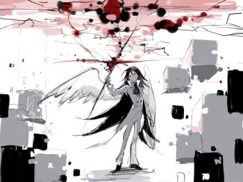 1boy ascot black_ascot black_hair black_shoes closed_mouth coat full_body highres long_hair long_sleeves male_focus original pants red_eyes shoes sketch smile solo vihua6 white_coat white_pants white_wings wings