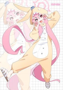 +_+ 1girl animal_costume artist_name blue_archive chinese_commentary claw_pose commentary_request fang grid_background hair_between_eyes halo highres hood hood_up hooded_pajamas koyuki_(blue_archive) koyuki_(pajamas)_(blue_archive) lemon_tea_(15058751917) long_hair long_sleeves looking_at_viewer official_alternate_costume open_mouth pajamas pink_eyes pink_hair pink_halo rabbit_costume rabbit_pajamas skin_fang slippers smile solo very_long_hair yellow_pajamas zoom_layer
