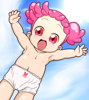 1girl animal_print arms_up blush cameltoe clothes_writing cloud collarbone flat_chest harukaze_poppu komeno loli looking_at_viewer navel nipples ojamajo_doremi open_mouth panties pink_hair print_panties rabbit_print red_eyes short_hair sky smile standing topless_female twintails underwear white_panties