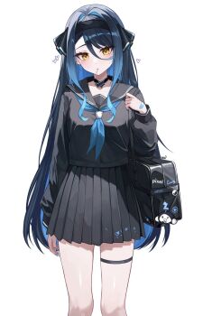 Rule 34 | aqua neckerchief, arm at side, bag, bandaid, bandaid on hand, black hair, black hairband, black ribbon, black sailor collar, black serafuku, black shirt, black skirt, colored inner hair, commentary, eyebrows hidden by hair, feet out of frame, food in mouth, gangzi (vtuber), gradient hair, hair between eyes, hair ribbon, hairband, hand up, highres, kkato, long hair, long sleeves, miniskirt, multicolored hair, neckerchief, pleated skirt, ribbon, sailor collar, school bag, school uniform, serafuku, shirt, shoulder bag, simple background, skirt, stellive, straight hair, thigh strap, very long hair, virtual youtuber, white background, yellow eyes