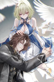 1boy 1girl bare_shoulders blush breasts brown_hair cleavage closed_eyes closed_mouth couple curtained_hair detached_sleeves dress eyelashes genshin_impact hair_intakes hair_ornament hair_over_one_eye highres long_sleeves looking_at_another lying_on_lap open_mouth pottsness rerir_(genshin_impact) short_hair smile tholindis_(genshin_impact) white_dress