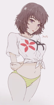 Rule 34 | 1girl, arms behind back, artist name, bikini, bikini bottom only, brown hair, green bikini, highres, kawakami sadayo, multicolored bikini, navel, persona, persona 5, print shirt, shirt, short hair, simple background, solo, standing, striped bikini, striped clothes, swimsuit, tied shirt, tongue, tongue out, two-tone bikini, white background, white shirt, yaoto, yellow bikini