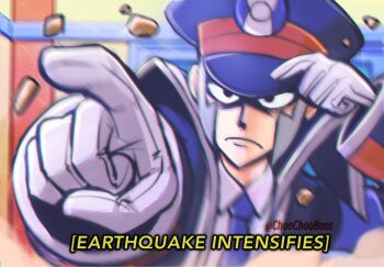 1boy blue_necktie caption choochooboss debris gloves grey_hair highres ingo_(pokemon) looking_at_viewer male_focus motion_lines necktie nintendo pokemon pokemon_bw shaded_face twitter_username upper_body