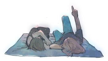 2girls angela_he arm_behind_head arm_up black_hair black_shirt black_tank_top brown_hair denim facing_another full_body glowing jeans knee_up long_hair lying missed_messages multiple_girls non-web_source official_art on_back on_side pants pointing shirt short_hair spaghetti_strap t-shirt tank_top transparent_background variant_set