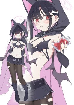 1girl absurdres alternate_costume animal_ears belt black_hair black_pantyhose blood blood_bag blue_archive blush breasts cat_ears cloak colored_inner_hair commentary elbow_gloves english_commentary extra_ears fake_wings fangs fingerless_gloves gloves hair_ornament hairclip halloween_costume halo highres hood hooded_cloak kazusa_(blue_archive) looking_at_viewer miniskirt multicolored_hair multiple_views navel nemo_(leafnight) pantyhose pink_halo red_eyes revealing_clothes ribs short_hair simple_background skirt small_breasts stomach torn_clothes torn_pantyhose vampire_costume white_background wings