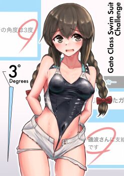 1girl black_hair black_one-piece_swimsuit braid brown_eyes commentary_request cosplay covered_navel frontal_wedgie highleg highleg_one-piece_swimsuit highres isonami_(kancolle) kantai_collection long_hair one-piece_swimsuit owada_(kousonhuchi) request_inset scamp_(kancolle) scamp_(kancolle)_(cosplay) solo super_highleg swimsuit translation_request twin_braids wedgie