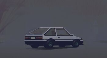 car film_grain fog highres license_plate motor_vehicle mziegfield no_humans original outdoors railing road shadow signature still_life toyota toyota_sprinter_trueno tree vehicle_focus white_car