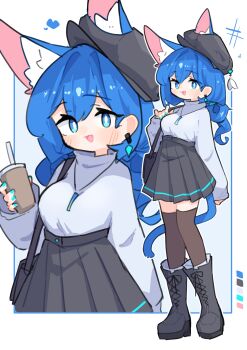 1girl :d absurdres animal_ear_fluff animal_ears aqua_nails bag black_boots black_hat black_skirt blue_eyes blue_hair blush boots bright_pupils brown_thighhighs cat_ears cat_girl cat_tail color_guide cup disposable_cup double-parted_bangs earrings ears_through_headwear fang full_body hair_between_eyes hat highres holding holding_cup jewelry lace-up_boots long_hair long_sleeves looking_at_viewer multiple_views nail_polish necklace open_mouth original pleated_skirt skin_fang skirt smile standing sweater tail thighhighs turtleneck turtleneck_sweater white_pupils white_sweater xian_li zettai_ryouiki