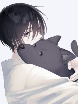 Rule 34 | 1boy, 1girl, animalization, baby (demotsu), black eyes, black fur, black hair, bob cut, dog, fruits basket, grey background, hair between eyes, highres, hug, long sleeves, looking at viewer, robe, short hair, sohma akito, sohma shigure, upper body, white robe