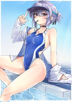 1girl a.i._voice absurdres blue_background blue_one-piece_swimsuit competition_swimsuit feet_out_of_frame highleg highleg_one-piece_swimsuit highres jacket mouth_hold one-piece_swimsuit open_clothes open_jacket ponytail poolside purple_hair short_hair solo swimsuit two-tone_swimsuit visor_cap water whistle whistle_around_neck white_jacket yuzuki_yukari yuzuki_yukari_(shizuku) zooanime