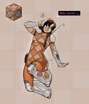 1girl ^^^ absurdres arm_up black_hair bodysuit boots bracer command_block commentary dialogue_box english_commentary english_text eyewear_on_head flipped_hair floating full_body gauntlets grin hand_on_headwear highres hip_dips knee_boots minecraft object_and_personification one_eye_closed orange-tinted_eyewear orange_lips orange_nails patterned_clothing personification radio_antenna reference_inset rimless_eyewear science_fiction short_hair shoulder_pads smile solo tinted_eyewear twitter_username unatalmeh wrist_computer