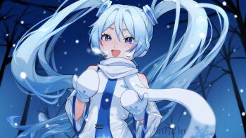 Rule 34 | 1girl, blue eyes, blue necktie, blue trim, blush, commentary, detached sleeves, earmuffs, hair between eyes, hair ornament, hatsune miku, headphones, highres, igarashi sora, long hair, looking at viewer, mittens, necktie, official alternate costume, open mouth, outdoors, scarf, shirt, sleeveless, sleeveless shirt, snow, snowflake print, snowing, solo, twintails, upper body, vocaloid, white hair, white mittens, white scarf, white shirt, wide sleeves, yuki miku, yuki miku (2011)