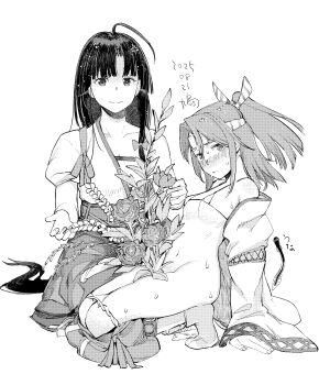 2girls ahoge anger_vein bikini bikini_top_only blush bottomless breasts closed_mouth commentary_request eel flower greyscale hachimaki hadanugi_dousa hakama headband highres japanese_clothes kantai_collection kimono kitamura_hato leaf long_hair medium_breasts micro_bikini monochrome multiple_girls nose_blush open_kimono panties panty_pull ponytail pussy_juice rose shouhou_(kancolle) simple_background sitting squatting sweat swimsuit tabi underwear very_long_hair wide_sleeves zuihou_(kancolle)