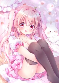 1girl :d ass bed black_thighhighs blush book bow breasts chiika_(cure_cherish) cleavage commentary_request dress feet_out_of_frame frilled_dress frilled_skirt frilled_sleeves frills hair_between_eyes hair_bow knees_up large_breasts looking_at_viewer open_book open_mouth original pillow pink_bow pink_eyes pink_hair pink_skirt puffy_short_sleeves puffy_sleeves shirt short_sleeves sitting_on_pillow skirt smile solo stuffed_animal stuffed_rabbit stuffed_toy thighhighs two_side_up white_shirt
