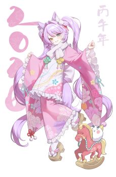 Rule 34 | 1girl, 2020, absurdres, animal ears, blue eyes, blush, dang geun23283, floral print, floral print kimono, fox ears, fox girl, fox tail, frilled kimono, frilled sleeves, frills, full body, fur scarf, furisode, geta, hair intakes, hair ornament, hair ribbon, hashtag-only commentary, heterochromia, highres, japanese clothes, kimono, long hair, pink kimono, pink nails, pom pom (clothes), pom pom hair ornament, print kimono, purple hair, purple tail, red ribbon, ribbon, smile, solo, standing, standing on one leg, stellive, tabi, tail, tenko shibuki, twintails, very long hair, virtual youtuber, white background, wide sleeves, wooden horse, yellow eyes