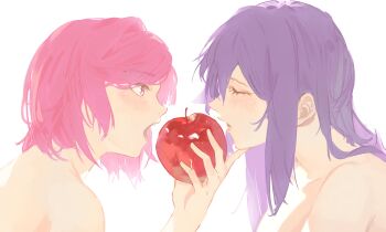 2girls absurdres apple closed_eyes commentary doki_doki_literature_club english_commentary food fruit highres holding holding_food holding_fruit long_hair looking_at_another multiple_girls natsuki_(doki_doki_literature_club) nnnnnanashiiii nude open_mouth pink_eyes pink_hair purple_hair simple_background upper_body white_background yuri yuri_(doki_doki_literature_club)