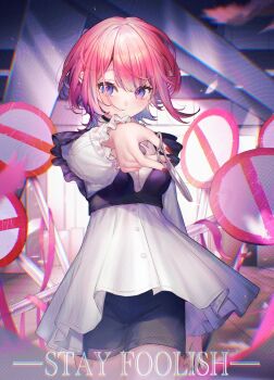 Rule 34 | 1girl, absurdres, arm at side, baka janai noni (zutomayo), black bustier, black choker, black shorts, bustier, buttons, choker, colored inner hair, commentary, dress shirt, english commentary, english text, fingernails, floating clothes, floating hair, frilled sleeves, frills, hand up, highres, holding, holding scissors, long sleeves, looking at viewer, medium hair, multicolored hair, nail polish, nira-chan, nira-chan (baka janai noni) (zutomayo), pink hair, purple eyes, red nails, road sign, sanren8, scissors, shirt, shorts, sign, solo, song name, streaked hair, zutto mayonaka de ii no ni