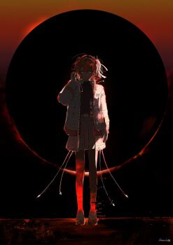 1girl a.i._voice adachi_rei arm_at_side belt black_pantyhose black_shirt closed_mouth commentary_request dark drawstring gloves grey_shorts hair_ribbon highres jacket koppan medium_hair netsu_ijou_(utau) open_clothes open_jacket orange_belt orange_eyes orange_hair pantyhose radio_antenna ribbon shirt shoes shorts sneakers standing straight-on turtleneck turtleneck_shirt utau white_gloves white_jacket white_ribbon white_shoes