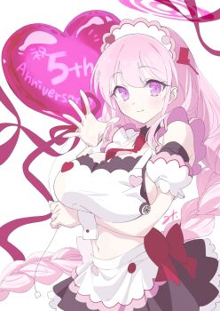 alternate_costume anniversary apron arm_garter arm_under_breasts balloon black_skirt blue_archive blush braid braided_ponytail breasts commentary_request eimi_(blue_archive) halo heart heart_balloon highres large_breasts long_hair looking_at_viewer maid_headdress midriff mitsuhashitaeko necktie pink_eyes pink_hair pink_halo red_necktie red_ribbon ribbon sideboob sidelocks skirt smile swept_bangs waving wrist_cuffs
