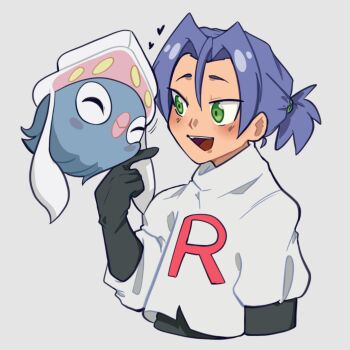 Rule 34 | 1boy, black gloves, gen 6 pokemon, gloves, green eyes, grey background, heart, highres, inkay, jacket, james (pokemon), looking at another, male focus, nintendo, open mouth, pokemon, pokemon (anime), pokemon (creature), purple hair, shiftingdecay, short hair, simple background, teeth, upper body, upper teeth only, white jacket