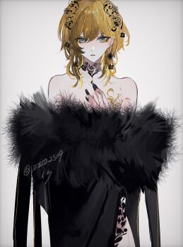 1girl acerola_2539 aglaea_(honkai:_star_rail) alternate_costume alternate_hairstyle bare_shoulders black_dress black_flower black_fur black_nails blonde_hair dress earrings flower fur_trim green_eyes hair_flower hair_ornament hashtag-only_commentary highres honkai:_star_rail honkai_(series) jewelry lace_trim short_hair simple_background single_earring tattoo