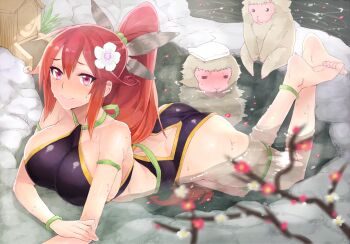 1girl anklet armlet ass barefoot blush bracelet breasts butt_crack feet female_focus flower hair_flower hair_ornament highres japanese_macaque jewelry large_breasts long_hair maeda_toshinaga_(sengoku_bushouki_muramasa) monkey non-web_source partially_submerged ponytail red_eyes red_hair sengoku_bushouki_muramasa smile solo whoosaku