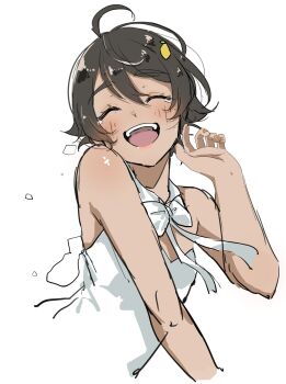 1girl ahoge bare_shoulders blush bow brown_hair cropped_torso dress food-themed_hair_ornament hair_ornament highres lemon_hair_ornament lips make_heroine_ga_oo_sugiru! nail_polish nigauri open_mouth orange_nails short_hair simple_background sleeveless sleeveless_dress smile tearing_up white_background white_bow white_dress yakishio_lemon