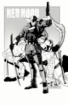 1boy animal_ears bat_signal batman_(series) batman_symbol belt black_bodysuit black_gloves black_hair bodysuit brown_jacket claws dc_comics furry furry_male furry_with_non-furry gloves highres interspecies jacket jason_todd male_focus mask multicolored_bodysuit muscular muscular_male open_clothes pants plaguestorm red_hood_(dc) red_hood_and_the_outlaws red_mask short_hair superhero_costume tail taut_bodysuit two-tone_bodysuit utility_belt werewolf wolf_boy wolf_ears wolf_tail