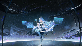 1girl closed_mouth copyright_notice dress grey_hair hair_over_one_eye halo hand_up high_heels highres holographic_interface id_card jacket long_hair mornye_(wuthering_waves) official_art official_wallpaper purple_dress red_eyes see-through_body sky solo space star_(sky) starry_sky tacet_mark_(wuthering_waves) very_long_hair white_jacket wide_shot wuthering_waves xiaojiaju