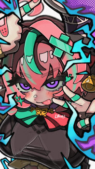 1girl :p ahoge aqua_hair aqua_streaks bandaid bandaid_on_hand bell bell_earrings blush breasts cow_girl cow_horns double-parted_bangs earrings genshin_impact hair_intakes highres horns jewelry looking_at_viewer multiple_rings pink_hair pointing pointing_up purple_eyes ring shisunomiunko smile solo sparkle tongue tongue_out v varesa_(genshin_impact)