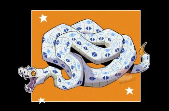 absurdres artist_logo black_background commentary english_commentary fangs fossil_fighters from_side gigantophis highres logo no_humans open_mouth orange_background outline snake snek_snack star_(symbol) tophis vivosaur white_outline