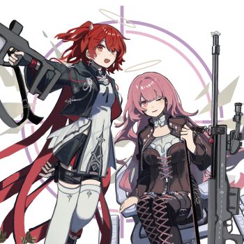 2girls adoptive_siblings ai_arctic_warfare arknights black_gloves black_jacket bolt_action boots coffee_toranpu commentary_request commission cross cross_earrings detached_wings earrings energy_wings exusiai_(arknights) exusiai_the_new_covenant_(arknights) feet_out_of_frame fingerless_gloves gloves gun halo hand_up highres holding holding_gun holding_weapon jacket jewelry kriss_vector lace-up_boots lemuen_(arknights) long_hair long_sleeves looking_at_viewer medium_hair multiple_girls one_eye_closed one_side_up open_mouth orange_eyes parted_lips pink_eyes pink_hair red_hair rifle shirt sitting skeb_commission smile sniper_rifle standing standing_on_one_leg submachine_gun thigh_boots thighhighs traditional_halo weapon wheelchair white_halo white_shirt white_thighhighs wings
