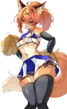 1boy an_choby animal_ears black_gloves black_panties black_thighhighs blush cheerleader covered_erect_nipples cowboy_shot crossdressing drawstring elbow_gloves flying_sweatdrops fox_boy fox_ears fox_tail furry furry_male gloves green_eyes hair_ornament hairclip looking_at_viewer male_focus navel open_mouth orange_hair original panties panty_peek pleated_skirt pom_pom_(cheerleading) ponytail simple_background skindentation skirt tail thighhighs trap underwear white_background
