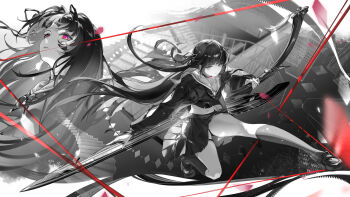 1girl absurdres arm_cutout artist_request black_shoes black_socks check_artist chinese_commentary chisa_(wuthering_waves) choker closed_mouth clothing_cutout commentary_request crop_top greyscale hair_ribbon highres holding holding_sword holding_weapon long_hair long_sleeves looking_at_viewer midriff monochrome multiple_views navel neckerchief partial_commentary red_eyes ribbon sailor_collar shirt shoes skirt socks spot_color sword tacet_mark_(wuthering_waves) thighs weapon wuthering_waves zelphal