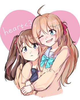 2girls :< :d ahoge animated aqua_bow aqua_bowtie arm_around_shoulder blue_eyes blue_sailor_collar blush bow bowtie brown_hair cardigan closed_mouth commentary cropped_torso english_commentary fang hair_between_eyes hair_ornament hair_ribbon heads_together heart heart_background highres hug live2d long_hair long_sleeves looking_at_another momose_hiyori multiple_girls neuro-sama nuachto one_eye_closed open_mouth pink_background purple_eyes red_ribbon ribbon sailor_collar skin_fang smile time_paradox two_side_up vedal_ai virtual_youtuber white_background yellow_cardigan