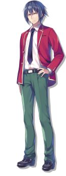 1boy absurdres advanced_nurturing_high_school_uniform arm_at_side belt black_belt black_hair black_necktie black_shoes blazer closed_mouth collared_shirt full_body green_pants hand_on_own_hip highres jacket loafers long_sleeves looking_at_viewer male_focus necktie official_art open_clothes open_jacket pants red_jacket school_uniform shirt shirt_tucked_in shoes short_hair simple_background solo standing tomose_shunsaku transparent_background white_shirt youkoso_jitsuryoku_shijou_shugi_no_kyoushitsu_e