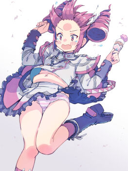 1girl akayama_yukihe blue_boots blush blush_stickers boots candy check_commentary commentary_request drill_hair embarrassed food forehead gradient_background grey_background grey_jacket grey_skirt highres holding holding_ice_cream_cone ice_cream ice_cream_cone jacket kasane_teto leg_up navel panties purple_skirt purple_socks short_hair sidelocks simple_background skirt socks striped_clothes striped_panties striped_skirt synthesizer_v tearing_up tears twintails underwear utau white_background white_panties wind wind_lift x_navel