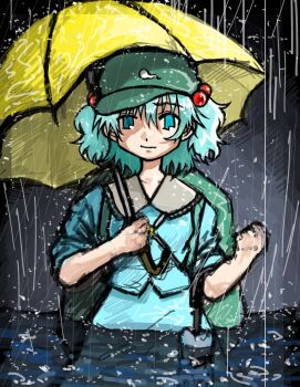 aqua_eyes aqua_hair commentary_request dade_ne green_hat hat highres holding holding_umbrella kawashiro_nitori long_hair newsboy_cap one-hour_drawing_challenge partially_submerged short_sleeves short_twintails straight-on touhou twintails umbrella water yellow_umbrella