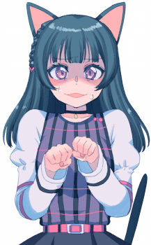 1girl :3 animal_ears belt black_skirt braid cat_ears clenched_hands commentary cream_(nipakupa) fake_animal_ears fake_tail juliet_sleeves long_sleeves looking_at_viewer love_live! love_live!_sunshine!! nervous_smile open_mouth paw_pose pink_belt puffy_sleeves purple_shirt shirt side_braid skirt smile solo straight-on striped_clothes striped_shirt sweat tail tsushima_yoshiko turn_pale upper_body vertical-striped_clothes vertical-striped_shirt