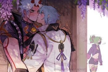 1girl 2boys alternate_hair_length alternate_hairstyle arataki_itto armor artist_name black_choker black_coat black_mask black_shirt black_shorts blue_hair blush bodypaint chest_harness choker closed_eyes coat colored_inner_hair commentary_request crop_top cropped_jacket earrings facepaint flower full-face_blush genshin_impact green_hair harness hiding high_ponytail horns jacket japanese_armor jewelry kamisato_ayato kiss kuki_shinobu long_sleeves looking_at_another male_focus mask midriff mole mole_under_mouth mouth_mask multicolored_hair multiple_boys ninja_mask o-ring o-ring_choker oni open_clothes open_coat open_jacket pointy_ears ponytail purple_flower purple_jacket purple_shirt red_hair red_horns rope searching shirt short_hair short_shorts short_sleeves shorts shoulder_armor singtou sleeveless sleeveless_coat sode spiked_choker spikes sweat tassel thai_commentary thick_eyebrows twitter_username v-shaped_eyebrows vision_(genshin_impact) watermark white_hair white_jacket wide_sleeves wisteria yaoi