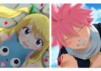 1boy 1girl animal_ears artist_name bare_shoulders blonde_hair blue_sky breasts brown_eyes cat cat_ears closed_eyes cloud crying earrings facing_another fairy_tail gaston18 green_ribbon grin hair_ribbon happy happy_(fairy_tail) jewelry large_breasts long_hair looking_at_another looking_up lucy_heartfilia lying natsu_dragneel on_back open_mouth outdoors parted_lips pink_hair ribbon scar scar_on_face scarf shadow short_hair shoulder_tattoo sky smile spiked_hair split_screen tattoo tears teeth tongue twintails vest