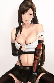 1girl asymmetrical_gloves breasts cleavage female_focus final_fantasy final_fantasy_vii final_fantasy_vii_remake gloves gradient_background highres j@ck large_breasts ponytail simple_background skirt solo suspender_skirt suspenders thighhighs tifa_lockhart uneven_gloves