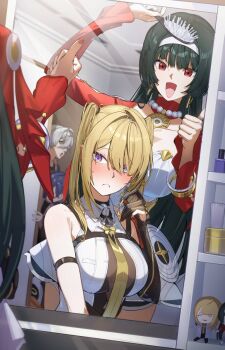 1boy 3girls alternate_hairstyle arm_strap astra_yao averting_eyes bare_shoulders belle_(zenless_zone_zero) black_hair blonde_hair blue_hair blurry blurry_foreground blush breasts chest_harness cleavage closed_mouth collarbone commentary_request earrings elbow_gloves evelyn_chevalier gloves green_eyes grey_hair hair_between_eyes hair_brush hairband harness highres holding holding_hair_brush indoors jewelry large_breasts long_hair looking_at_mirror mirror mole mole_under_eye multiple_girls necklace necktie open_mouth pearl_necklace purple_eyes red_eyes red_nails red_shrug reflection reflection_focus see-through_clothes short_hair shrug_(clothing) single_elbow_glove sweat thumbs_up twintails uneven_bangs white_hairband wise_(zenless_zone_zero) yellow_necktie yoruta_(yossy_puyo_holo) zenless_zone_zero