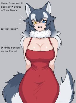 1girl animal_ears black_hair blue_eyes blush breasts christmas cleavage commentary covered_navel dongtan_dress dress english_commentary english_text fur_collar grey_wolf_(kemono_friends) heterochromia highres kemono_friends large_breasts long_hair looking_at_viewer multicolored_hair nevtelen red_dress solo tail two-tone_hair white_hair wolf_ears wolf_girl wolf_tail yellow_eyes