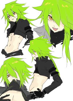 Rule 34 | 1boy, :d, abs, absurdres, alternate hairstyle, androgynous, aotu world, arm strap, black gloves, black jacket, black shirt, clothes in mouth, clothes lift, crop top, cropped jacket, gloves, green hair, groin, hair between eyes, hair down, hair over one eye, hand on own hip, highres, jacket, jewelry, lifting own clothes, long hair, looking at viewer, male focus, midriff, mouth hold, multicolored eyes, multiple rings, multiple views, navel, open mouth, parted lips, pectorals, pointy ears, red eyes, ring, shirt, shirt lift, simple background, sketch, smile, sweatdrop, teeth, white background, xander (aotu world), xue9971605, yellow eyes